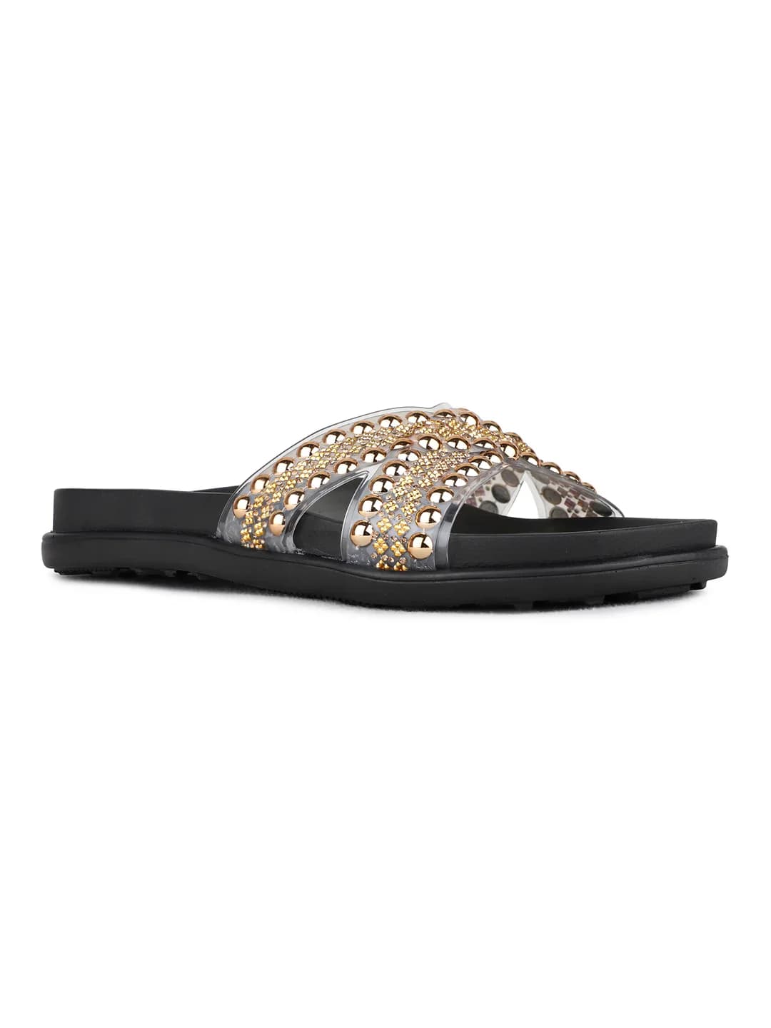 Women's Gold Casual Round Toe Printed Slip-Ons Sandals