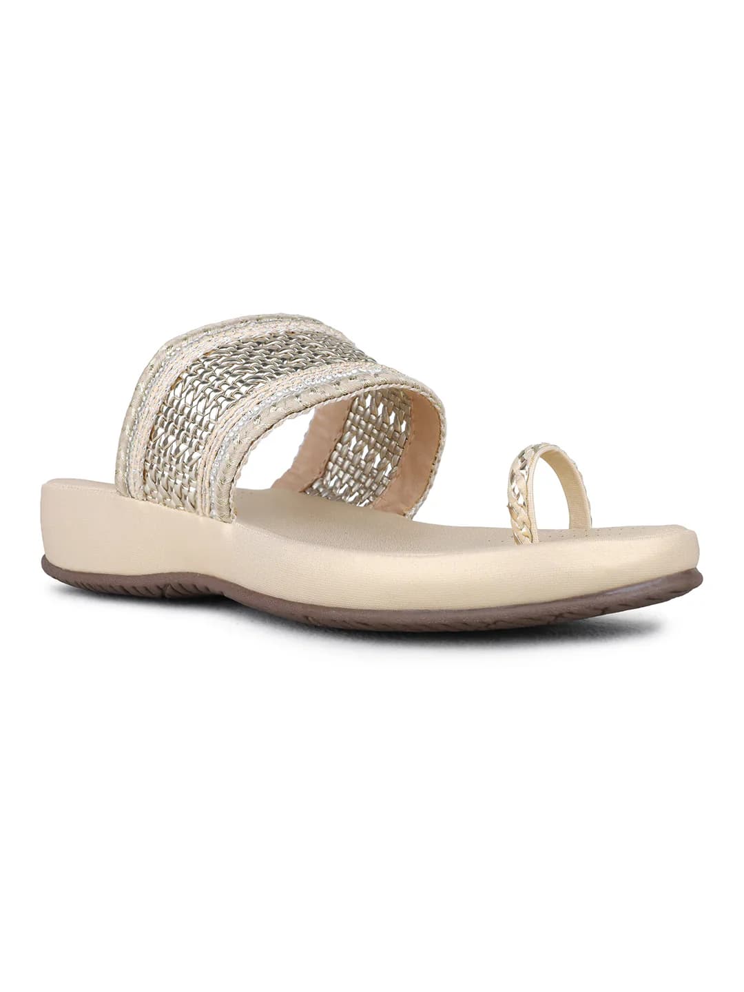 Women's Gold Casual Round Toe Printed Toe Ring Sandals