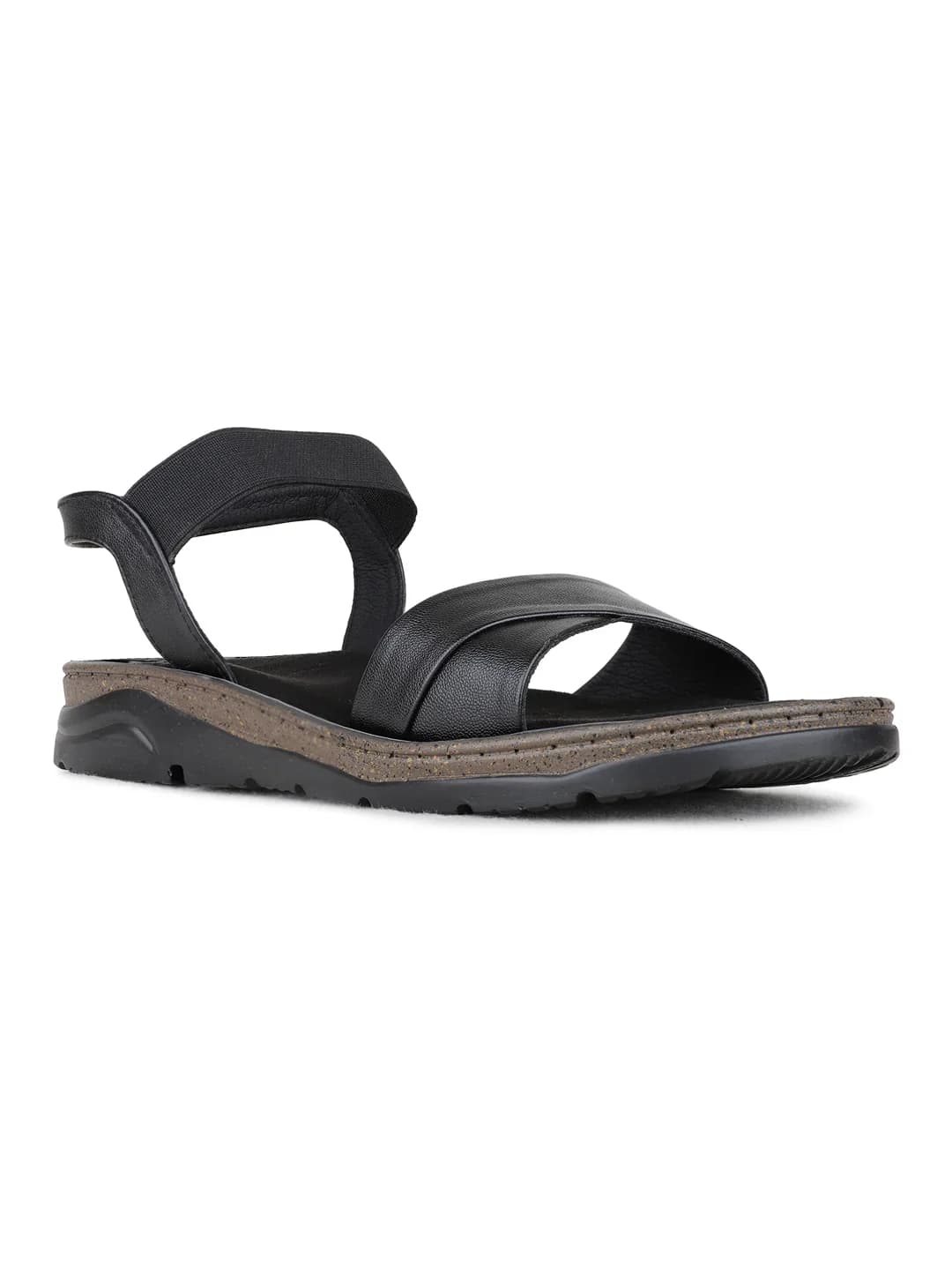 Women's Black Casual Round Toe Solid Ankle Strap Sandals