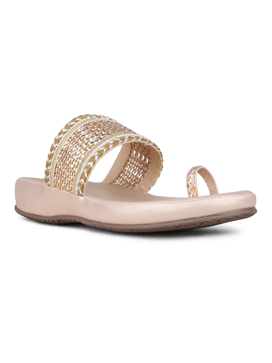 Women's Rose Gold Casual Round Toe Printed Toe Ring Sandals