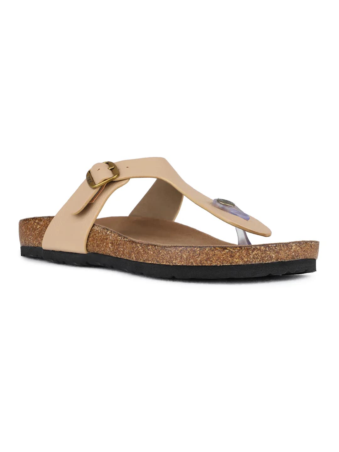Women's Beige Casual Round Toe Solid T-Strap Sandals