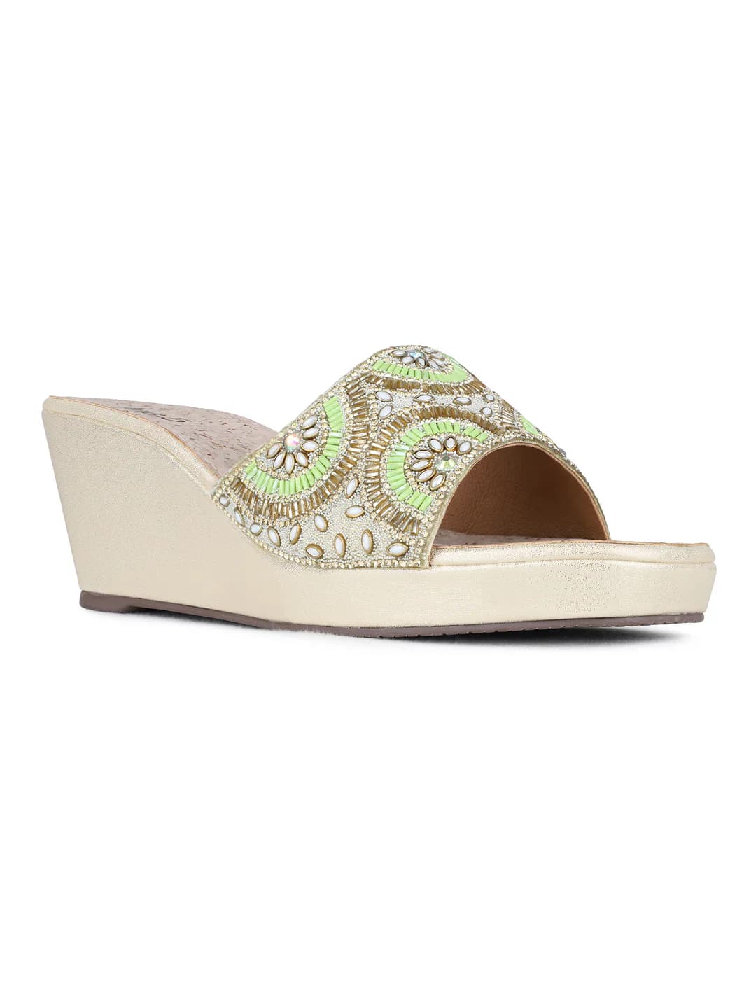 Women's Gold Traditional Round Toe Printed Wedges Sandals