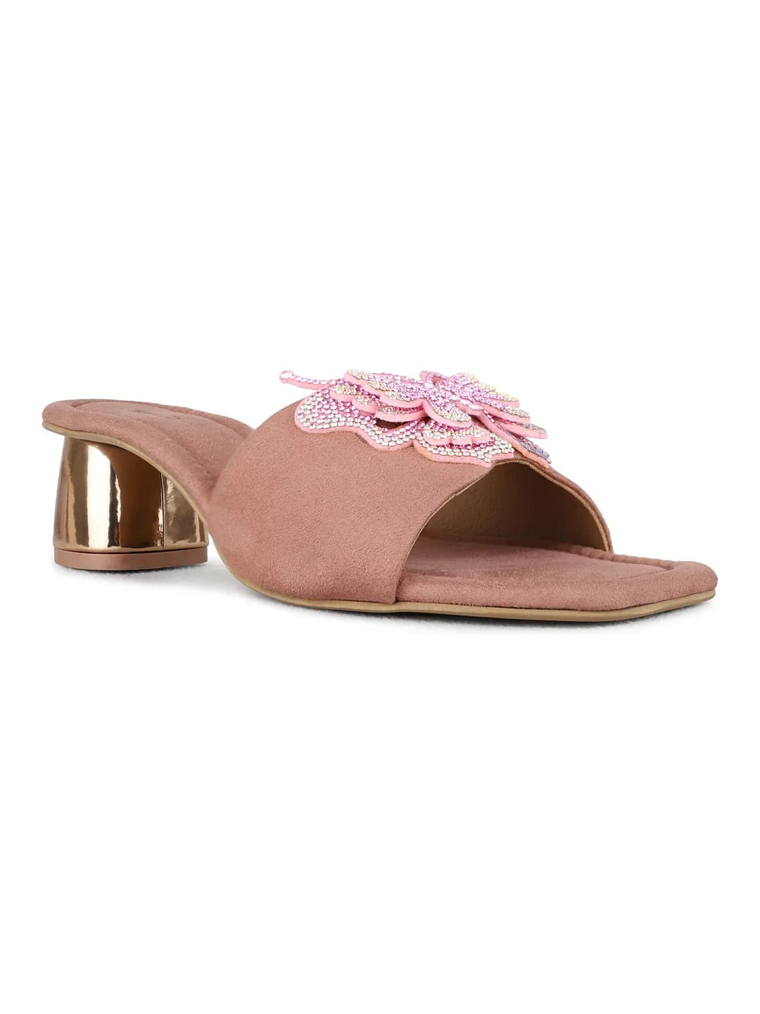Women's Pink Casual Square Toe Floral Slip-Ons Sandals