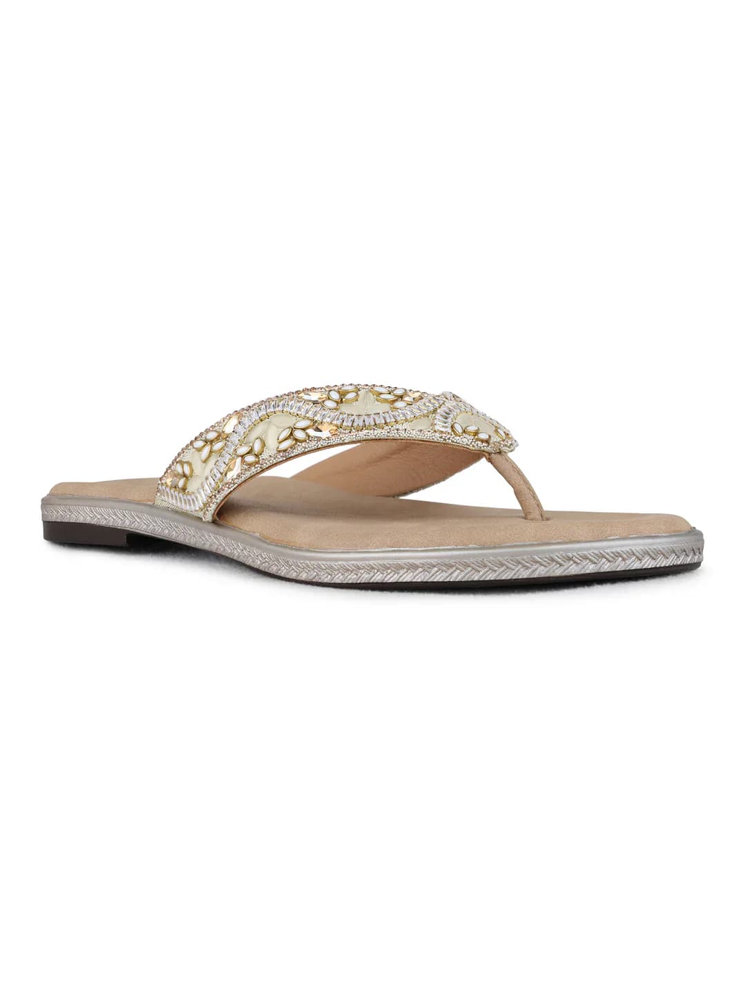 Women's Beige Casual Round Toe Printed T-Strap Sandals