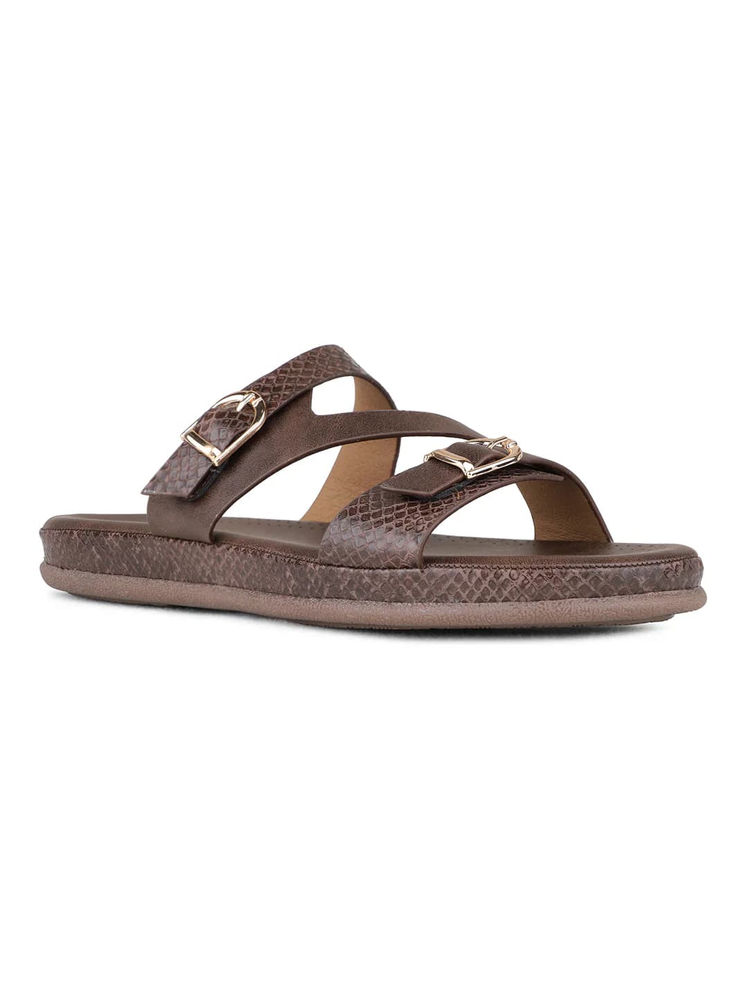 Women's Brown Traditional Round Toe Printed Slip-Ons Sandals