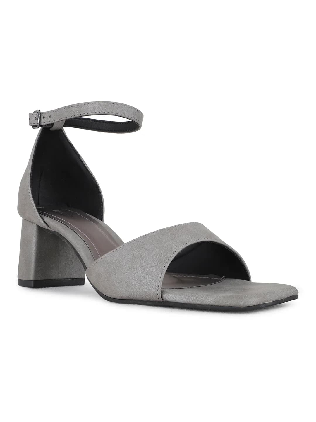 Women's Grey Casual Square Toe Solid Ankle Strap Sandals