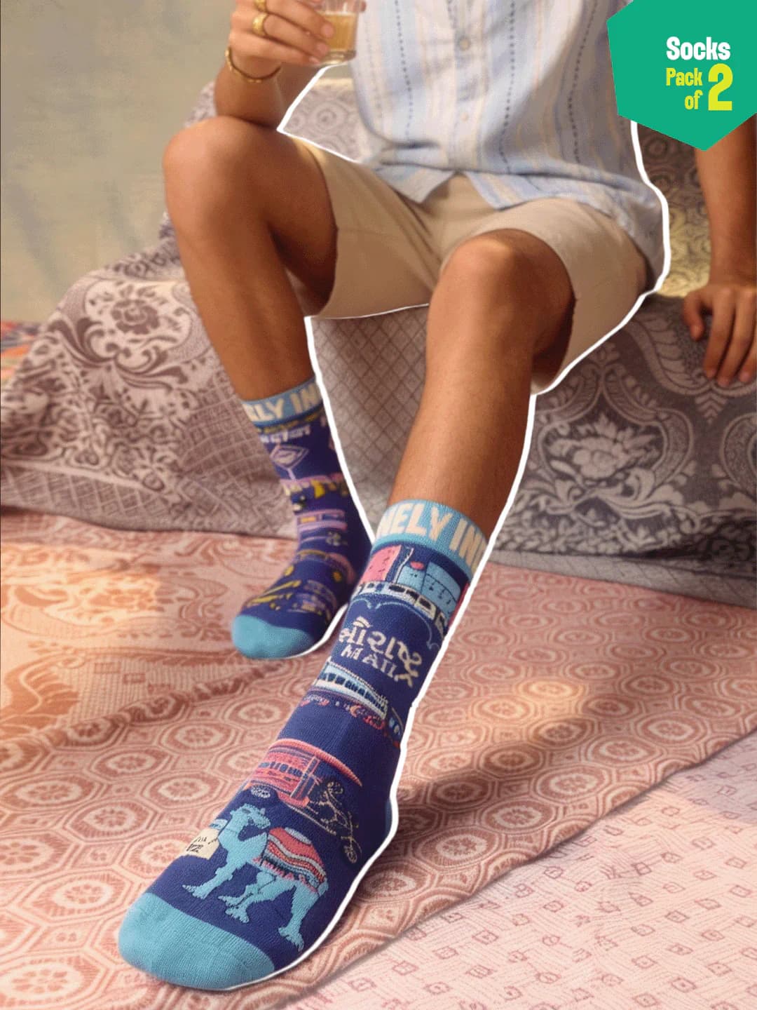 Unisex Multicolor Printed Crew Length Socks - 100% Bamboo - Pack of 2