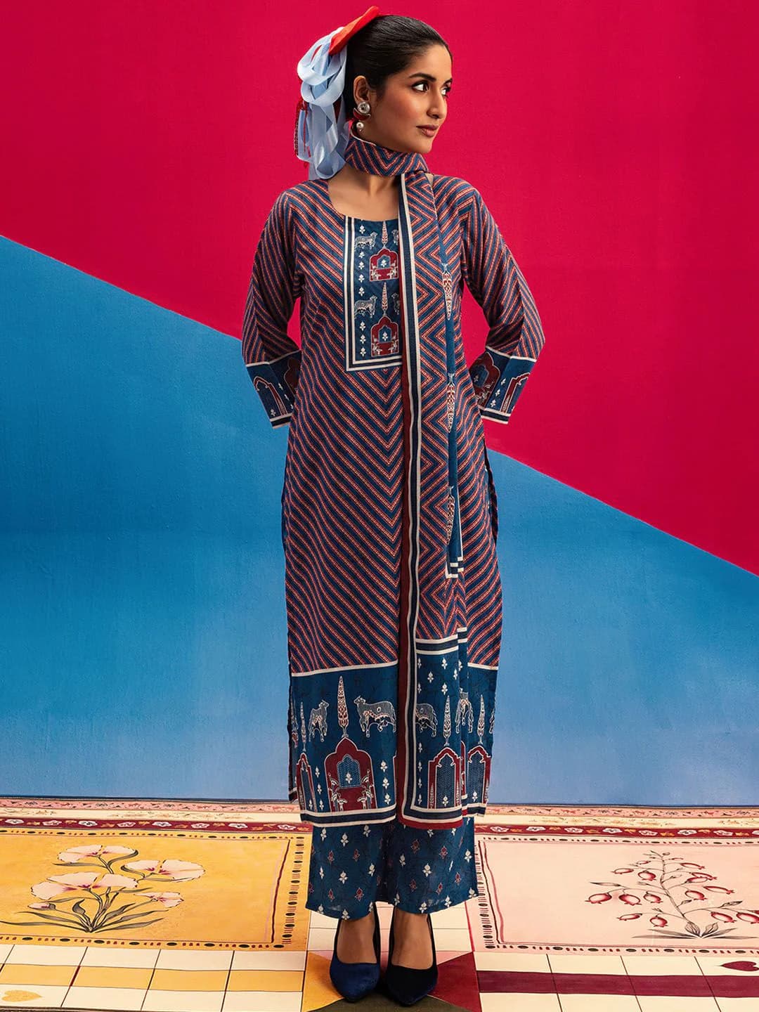 Women's Blue Casual Printed Regular Fit Kurta and Trouser With Dupatta