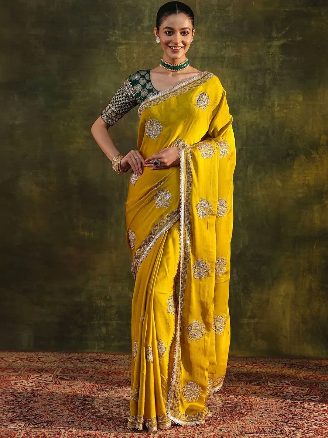 Women's Yellow Festive Regular Fit Embellished Saree with Blouse Piece