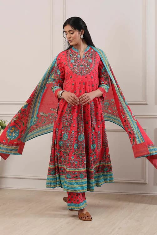 Women's Red Casual A-Line Kurta With Palazzos Cotton Salwar Suit