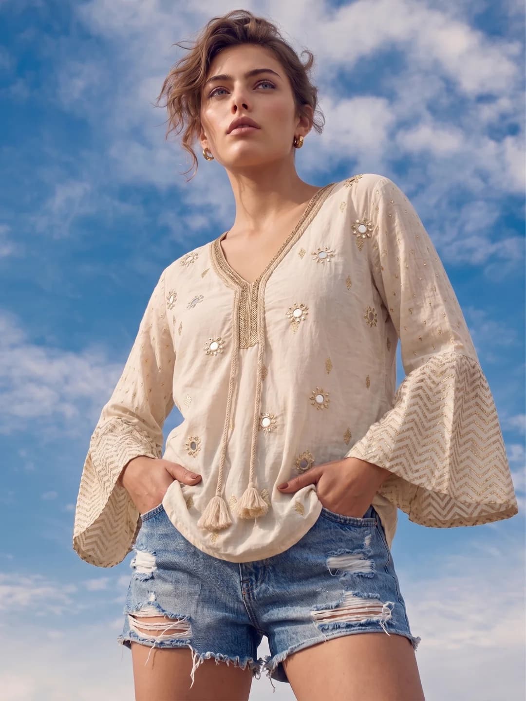 Women's Off White Casual Full Sleeves Printed Top