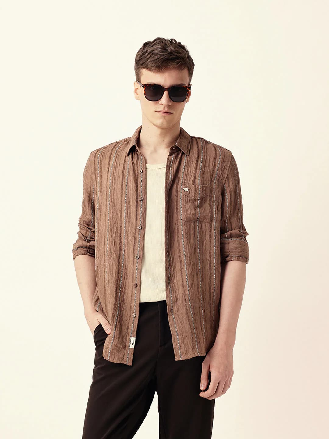 Men's Beige Vertical Seersucker Pinstripe Slim Fit Casual Shirt