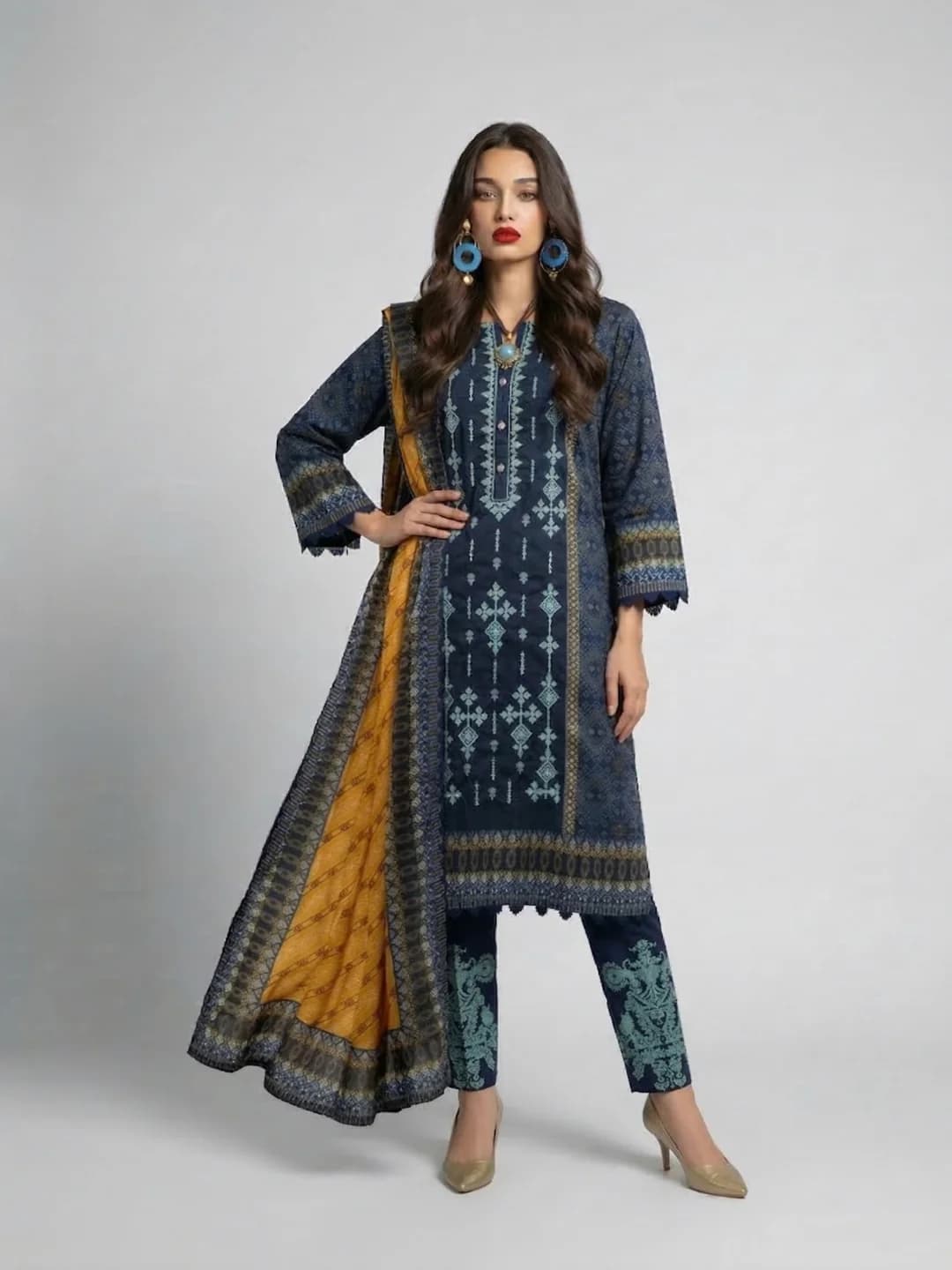 Women's Blue Casual Regular Fit Printed Full Sleeves Kurta Set With Dupatta