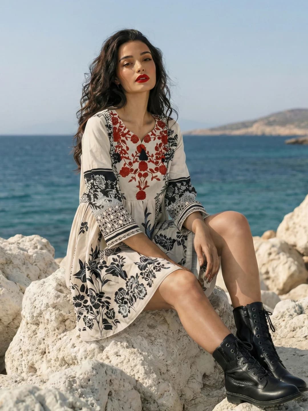 Women's White Casual Regular Fit Printed Full Sleeves Kurti