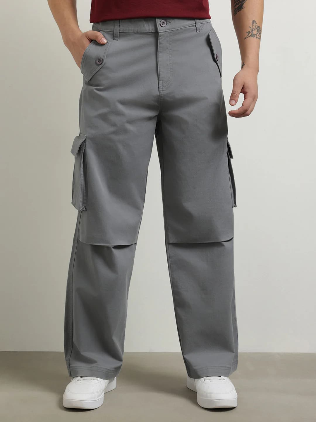 Men's Grey Casual Baggy Fit Mid Rise Cargos