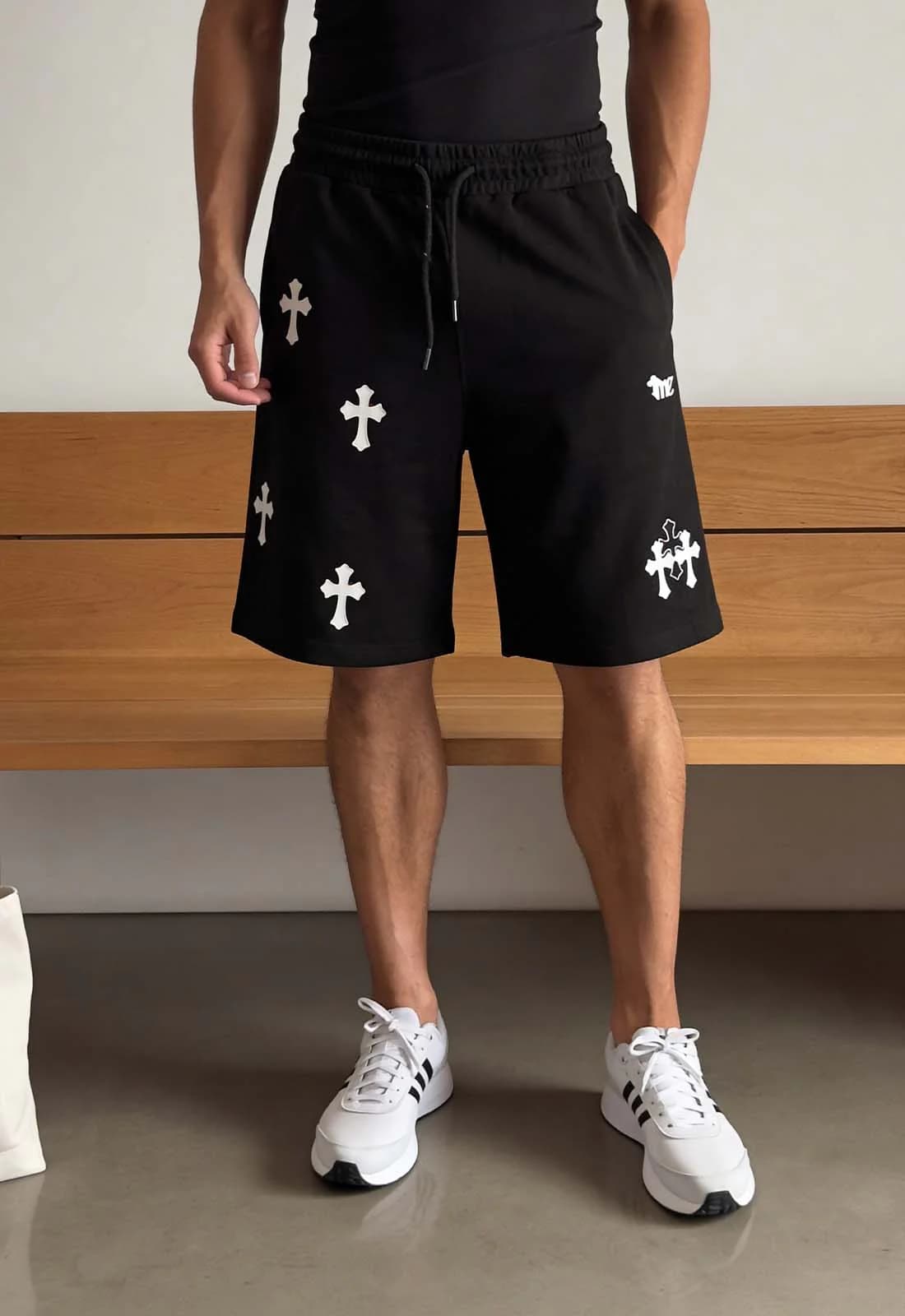 Unisex Black Casual Printed Mid Rise Elasticated Shorts