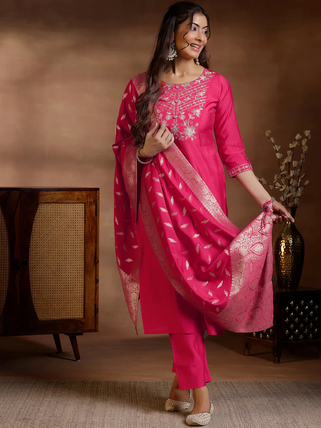 Women's Pink Floral Yoke Design Straight Kurta With Solid Pink Trouser and Woven Design Dupatta