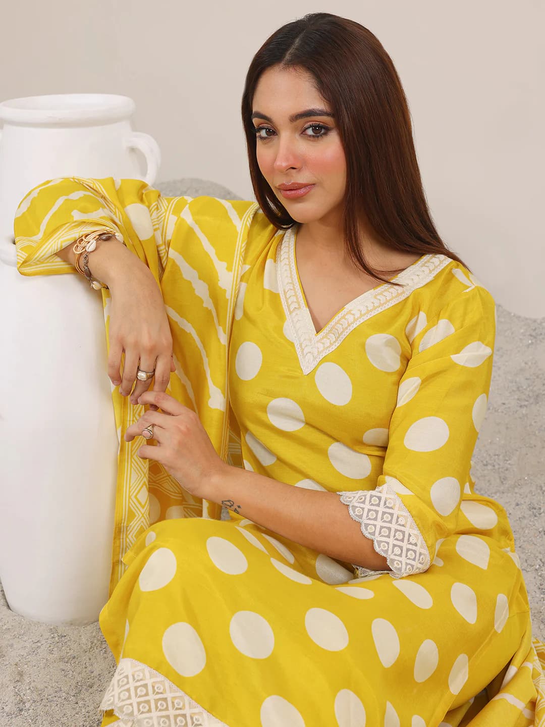 Women's Yellow Polka Dot Printed Retro Look Kurta With Solid Trouser and Printed Dupatta