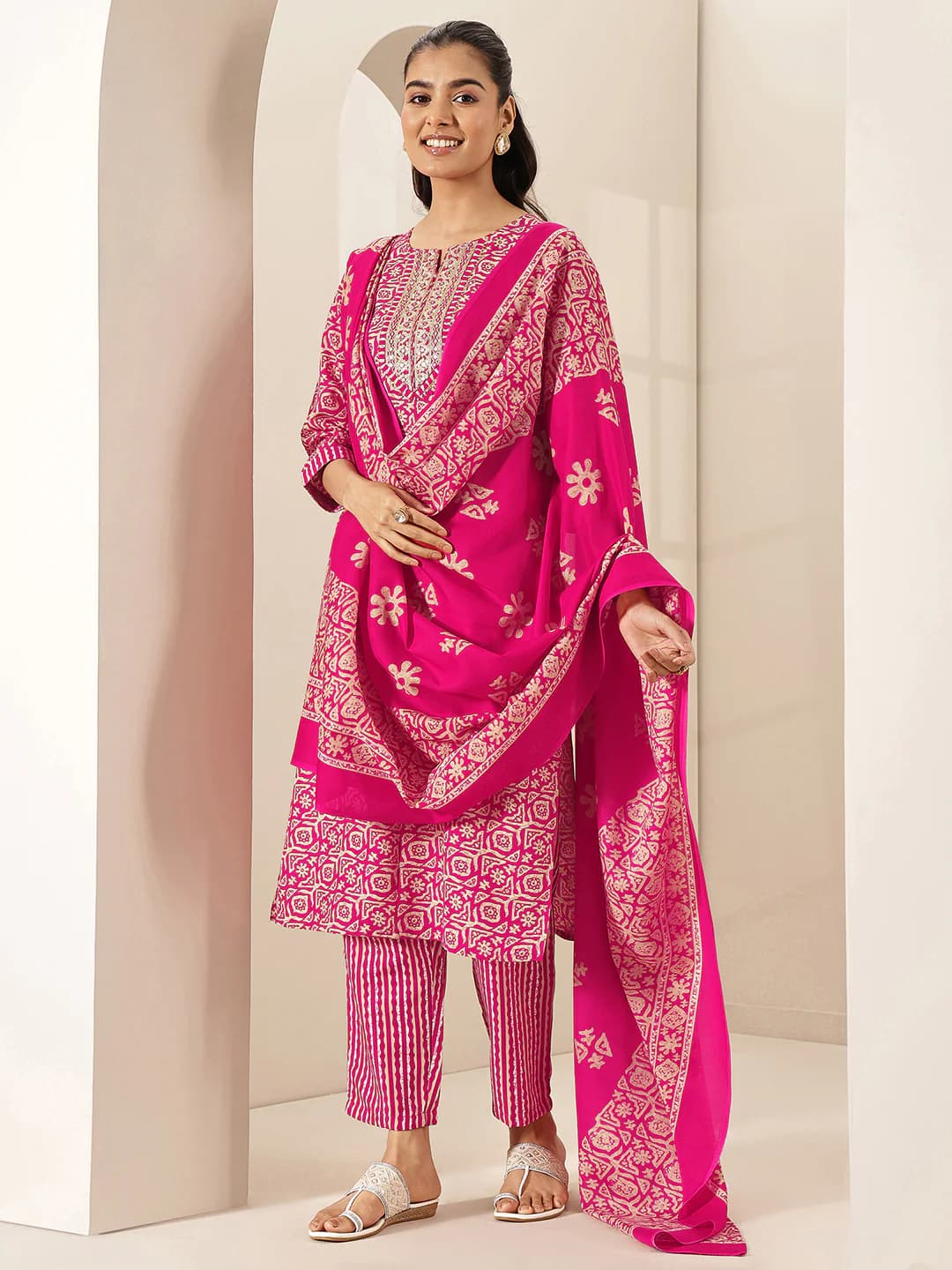 Women's Pink Ethnic Motif Printed Straight Kurta With Striped Trouser and Ethnic Printed Dupatta