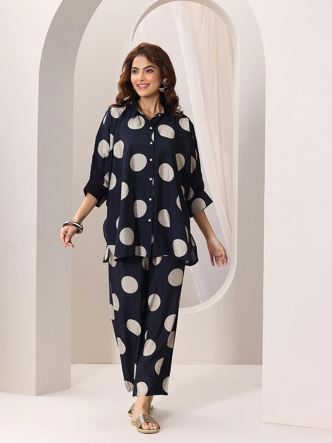 Women's Blue Printed Kimono A-Line Top and Solid Palazzos Co-ord Set