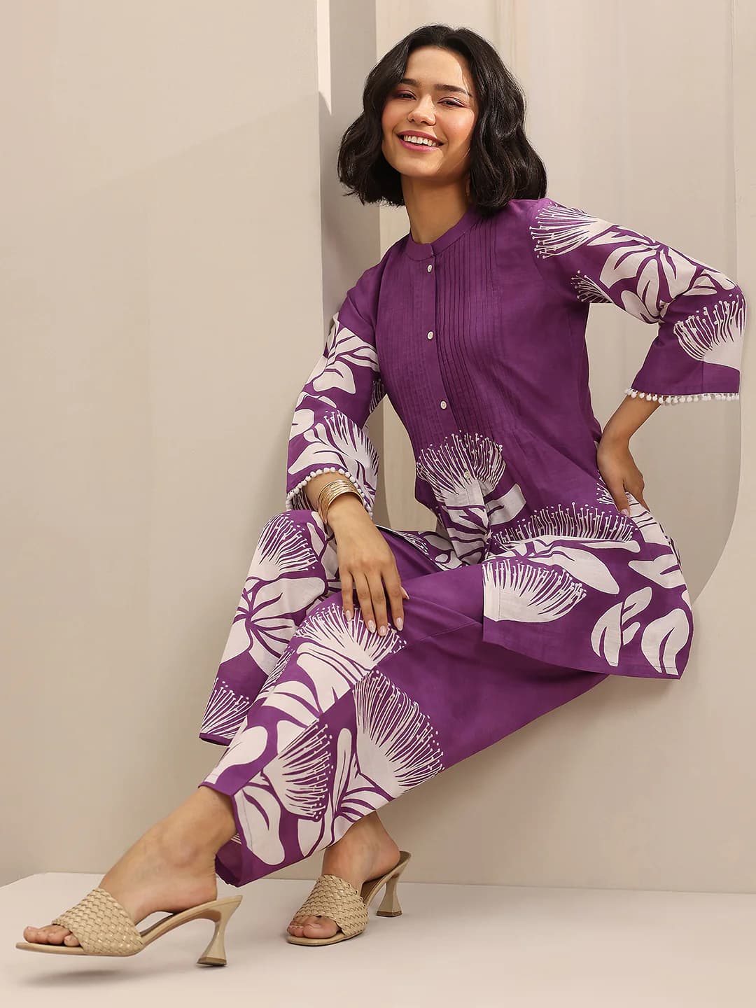 Women's Purple Floral Printed Pintuck Shirt With Floral Printed Palazzo Co-ord Set
