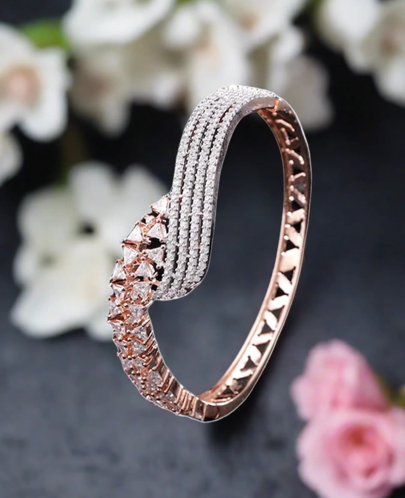 Women's Rose Gold-Plated Cz Stone-Studded Handcrafted Bangle-Style Bracelet