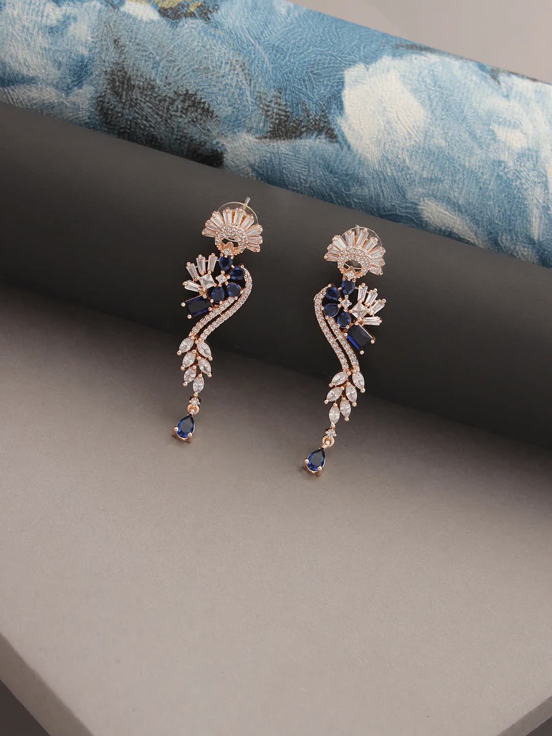 Women's Rose Gold and Blue American Diamond Studded Floral Drop Earrings