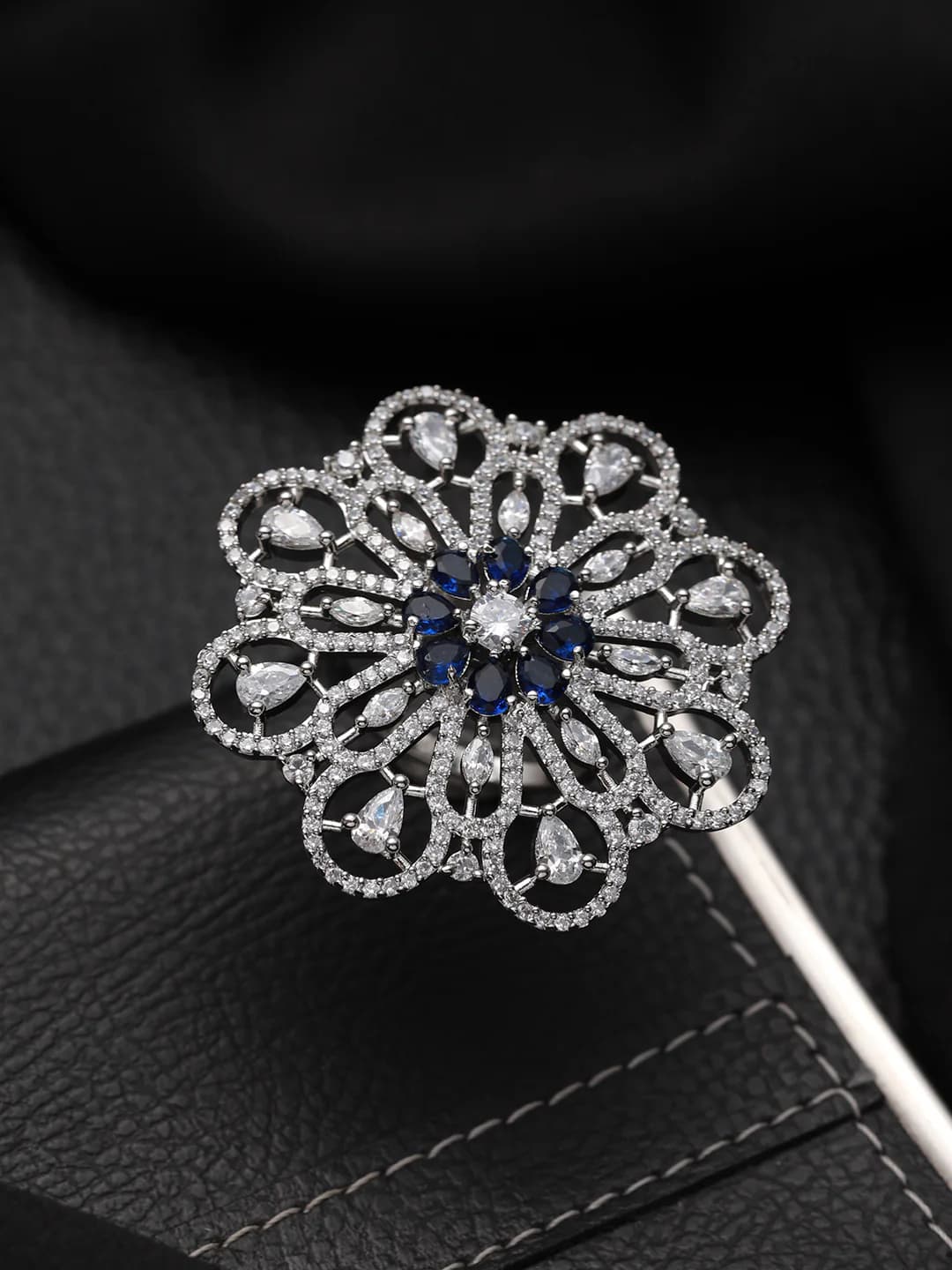 Women's Silver-Plated Blue and White Ad Studded Adjustable Cocktail Finger Ring