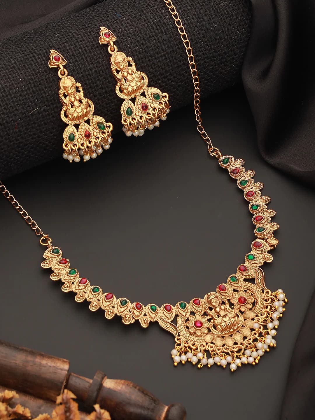 Women's Gold-Plated Stones Studded and Beads Beaded Temple Necklace with Earrings