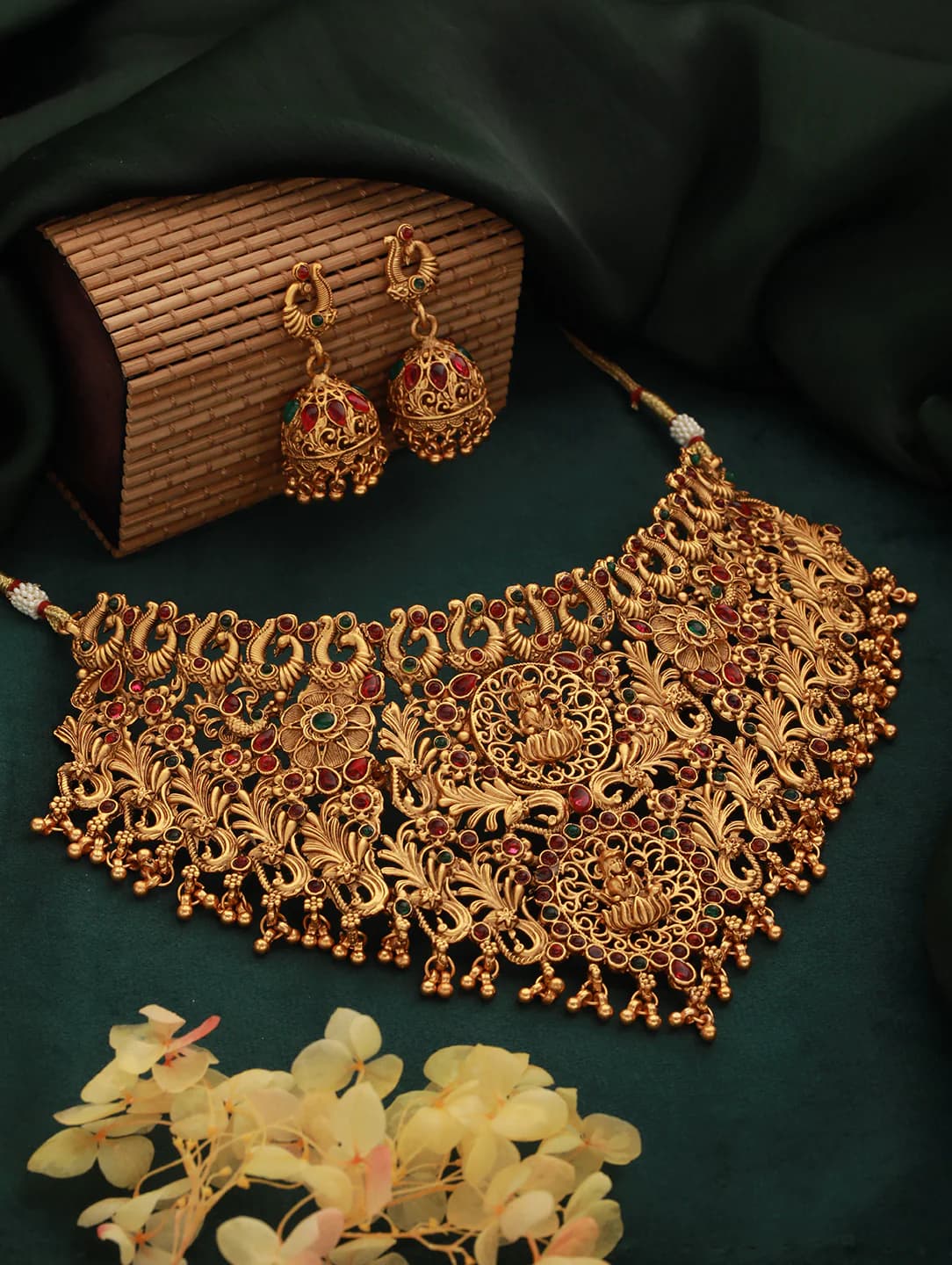 Women's Gold-Plated Stone-Studded and Beaded Temple Necklace and Earrings