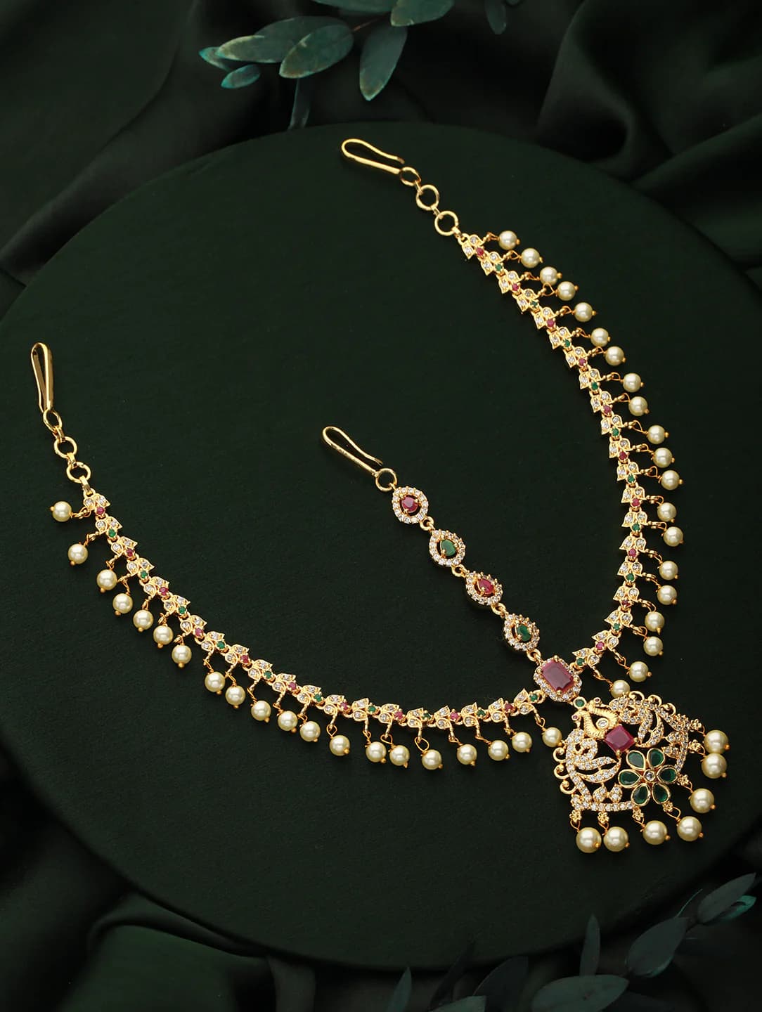 Women's Gold-Plated Ad-Studded and Beaded Matha Patti