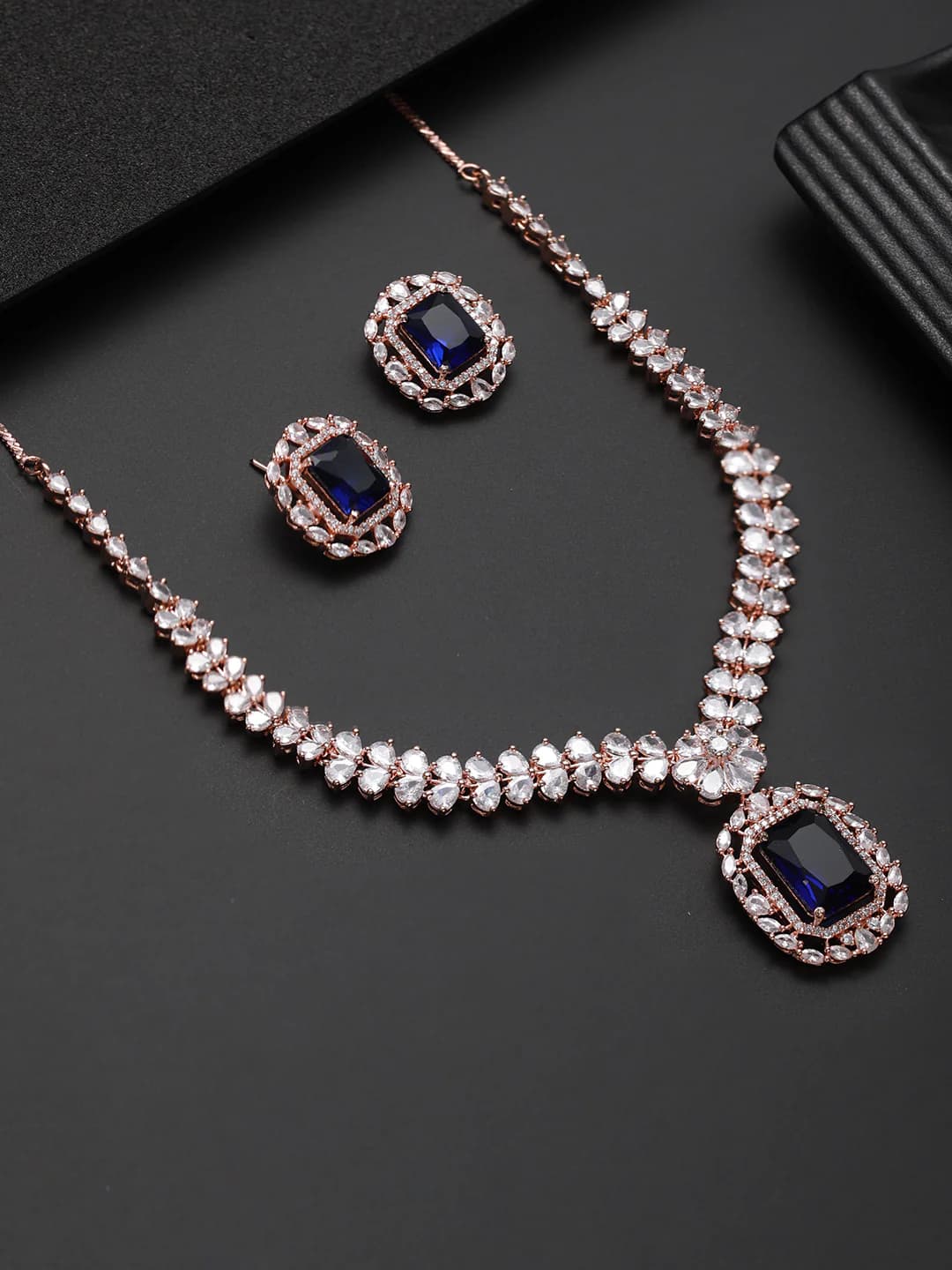 Women's Rose-Gold Plated Blue American Diamond Studded Handcrafted Jewellery Set