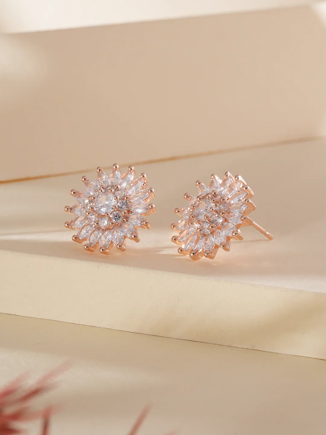 Women's Rose Gold-Plated CZ-Studded Floral Studs Earrings