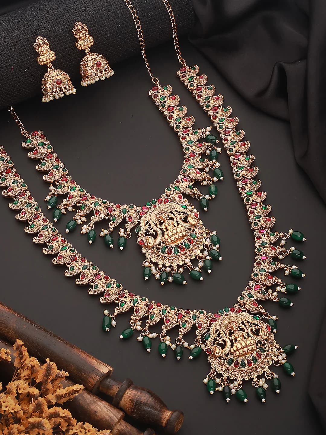 Women's Green Kemp Stone Studded and Beaded Gold-Plated Peacock Shaped Temple Choker Jewellery Set - Set of 2
