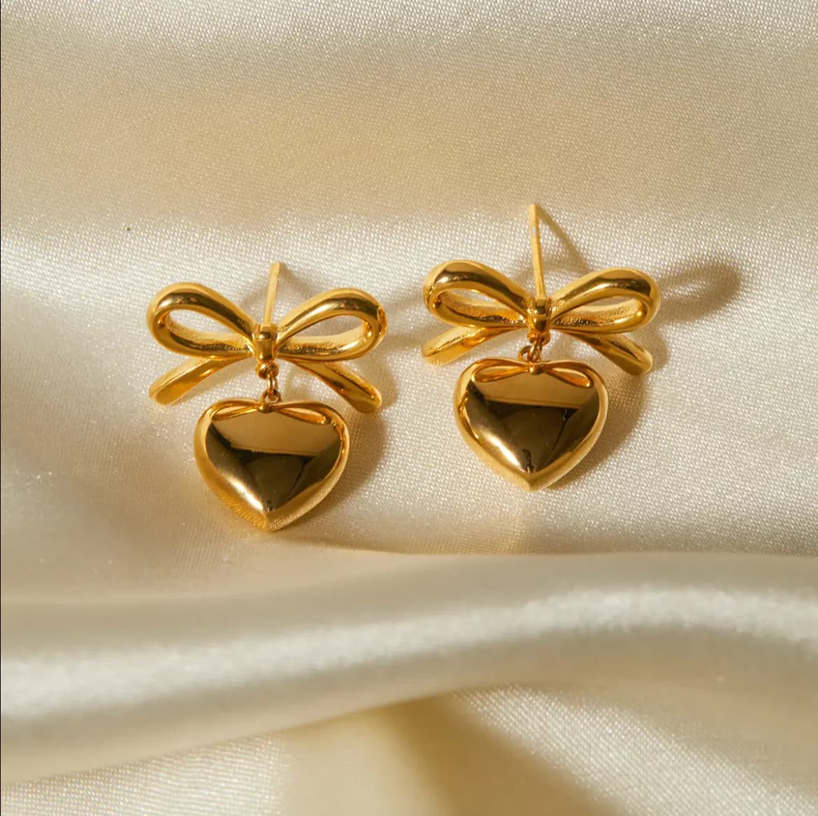 Women's Gold Plated Heart and Bow Stainless Steel Mini Earrings