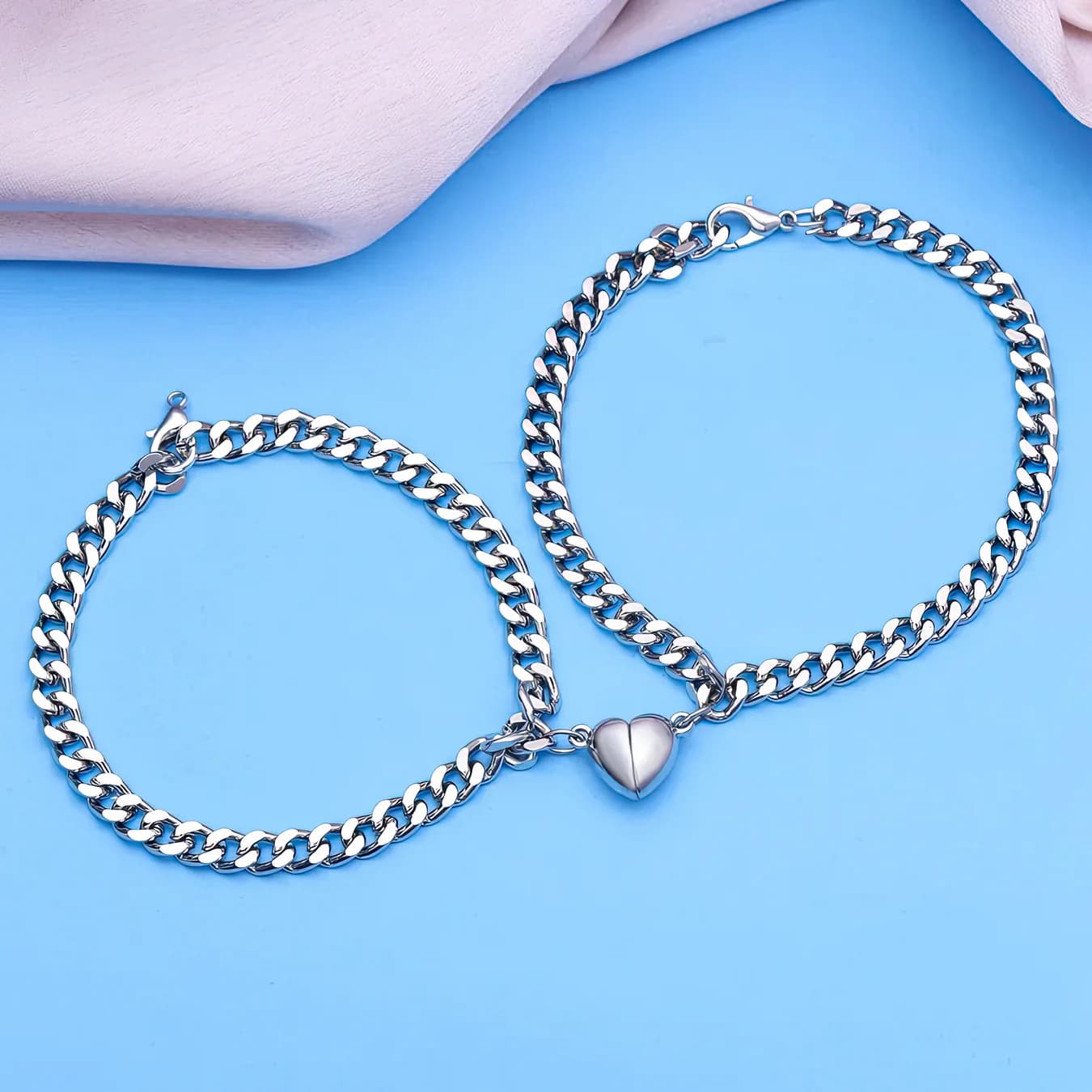 Unisex Silver-Tone Heart Love Chain Bracelet Set Gift