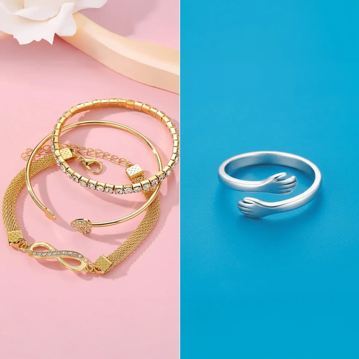 Women's Hug Rings Cuff Wrap Around Hand Love and Gold Plated CZ Studded Infinity and Heart Shaped Stacking Bracelet Combo