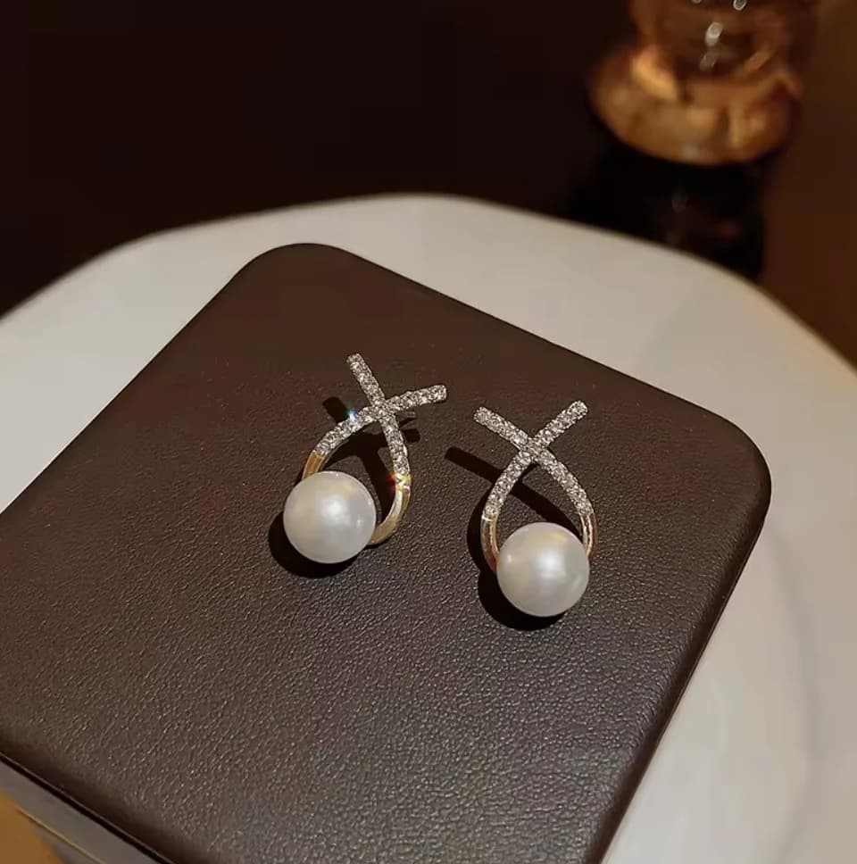 Women's Elegant Pearl Drop Earrings with Gold-Tone Crystal X Design