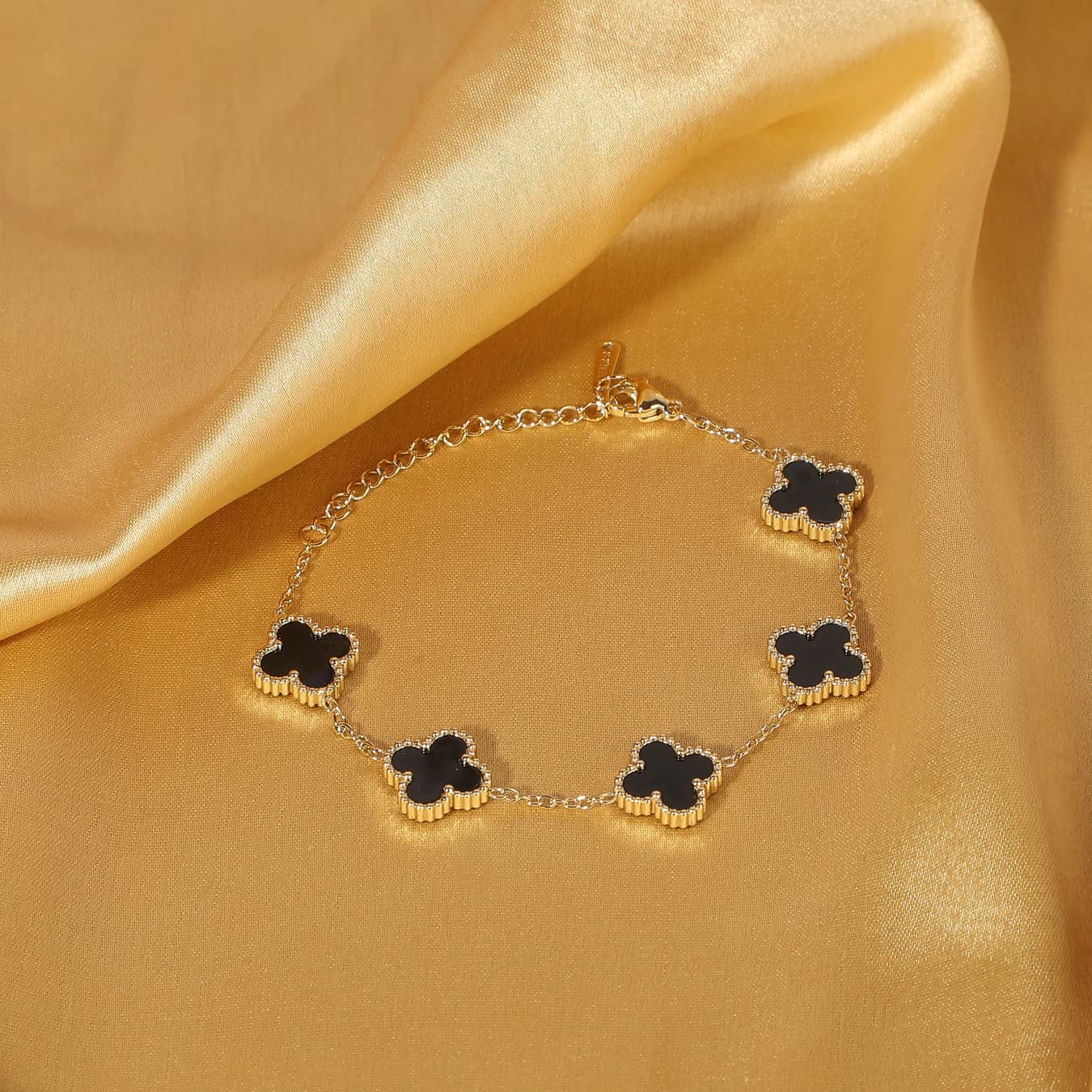 Women's Trendy Gen-Z Gold Plated Stainless Steel Black Colour Flower Charm Chain Bracelet
