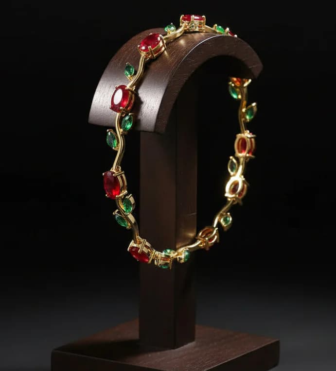 Women's Tulip Bracelet with Oval Red and Marquise Green Stones Floral Vine Style Anti Tarnish