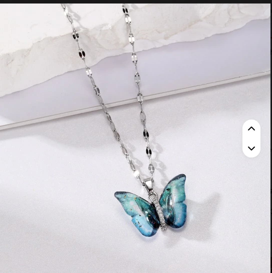 Women's Elegant Butterfly Pendant Necklace Silver Tone Chain with Multicolor Wings