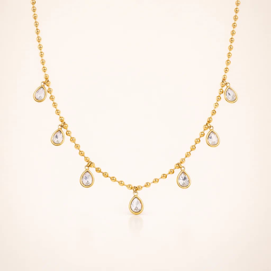 Women's Mia Gold Beaded Necklace with Dangling Teardrop Crystals