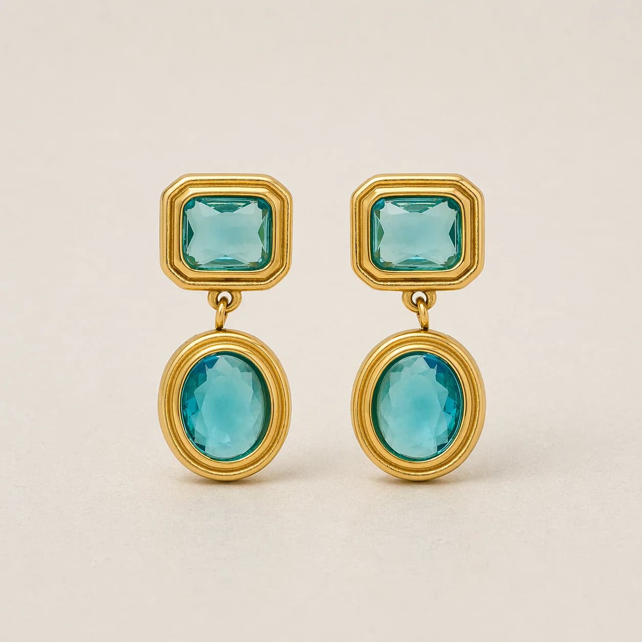 Women's Blue Dual Stone Drop Earrings In Gold Tone