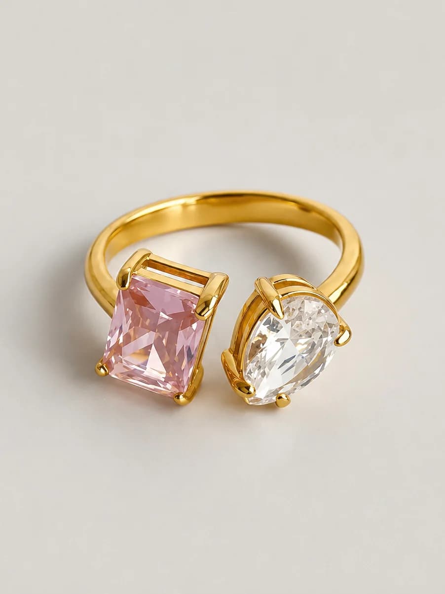 Women's Prism Pink and White Dual Stone Open Ring in Gold Tone