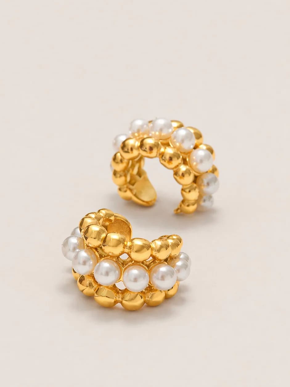 Women's Lush Pearl Beaded Ear Cuffs in Gold Tone