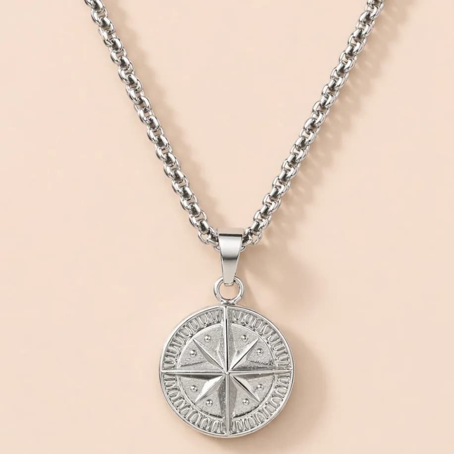 Men's Nomad Silver Compass Medallion Pendant Necklace in Silver Tone