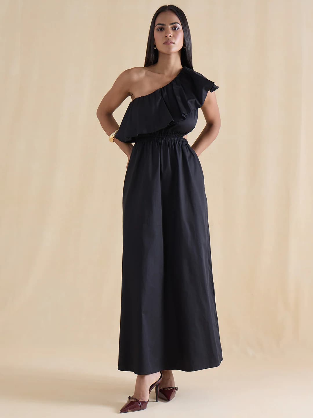 Women's Black Casual Solid Fit & Flared One Shoulder Dress
