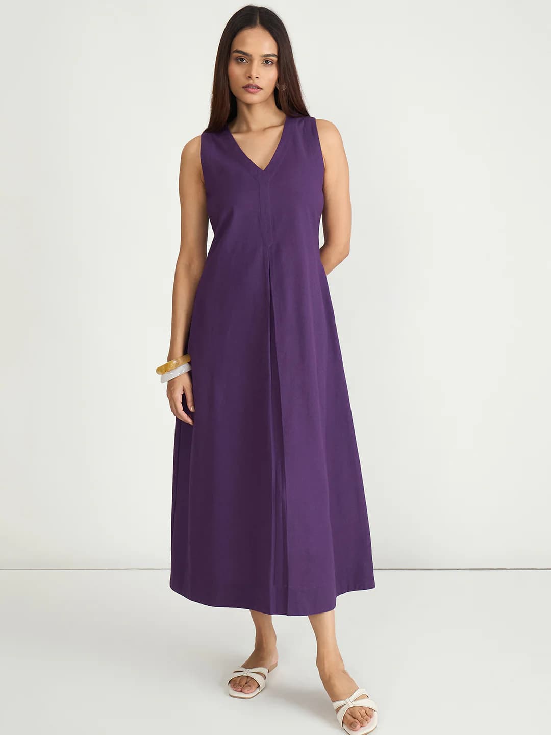 Women's Purple Casual Solid A-Line V-Neck Dress