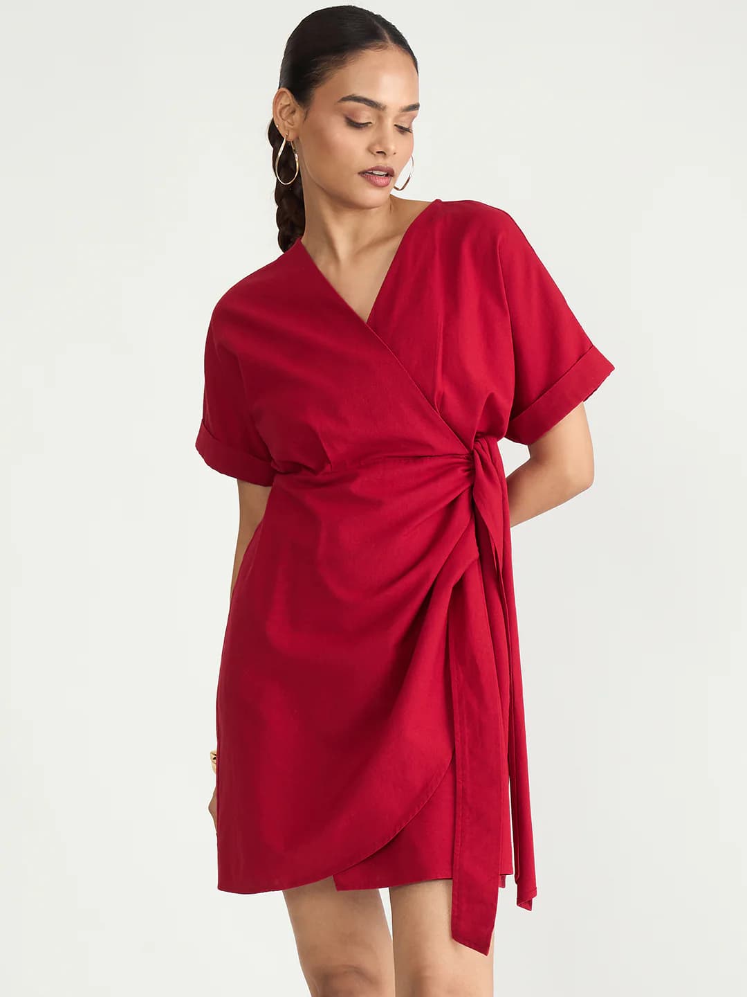 Women's Red Casual Solid Wrap Dress V-Neck Dress