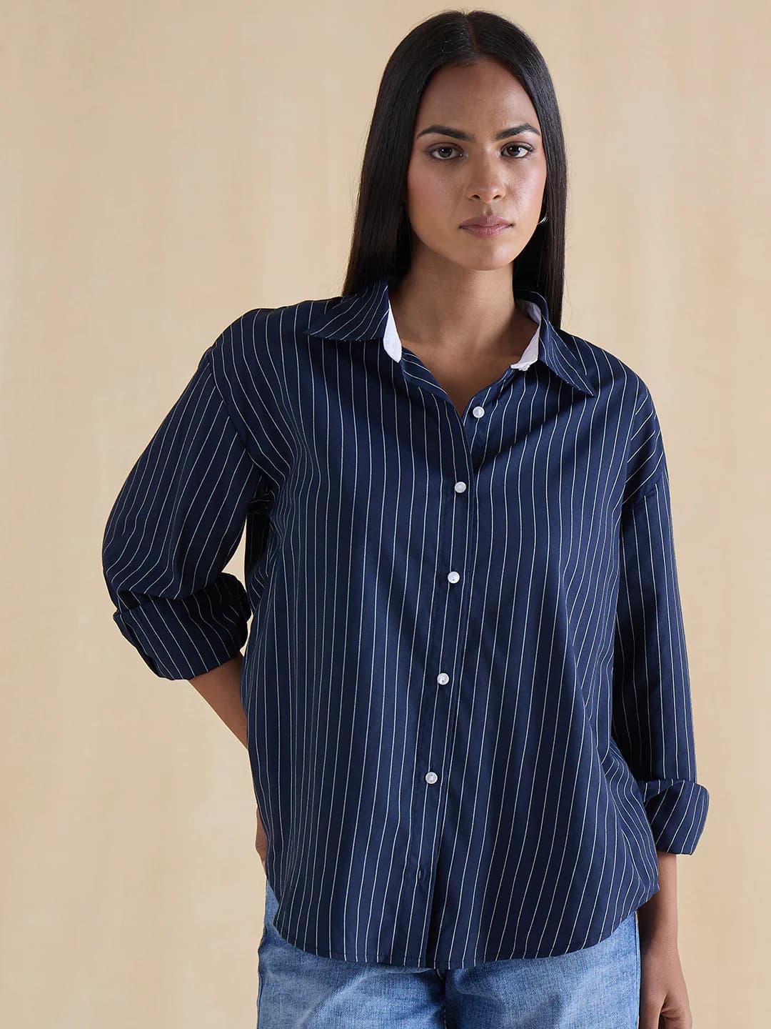 Women's Navy Casual Striped Oversized Fit Shirt